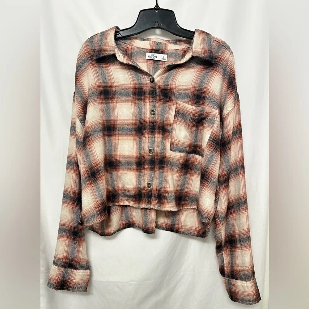 🌾 Hollister Women’s Cropped Plaid Button-Down Flannel Shirt – Size L - Picture 1 of 7